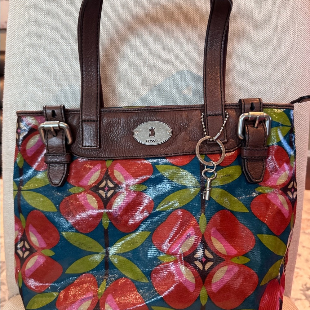 Fossil Floral Tote with Brown Accents